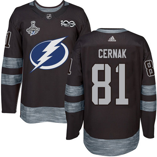 Men Adidas Tampa Bay Lightning #81 Erik Cernak Black 1917-2017 100th Anniversary 2020 Stanley Cup Champions Stitched NHL Jersey